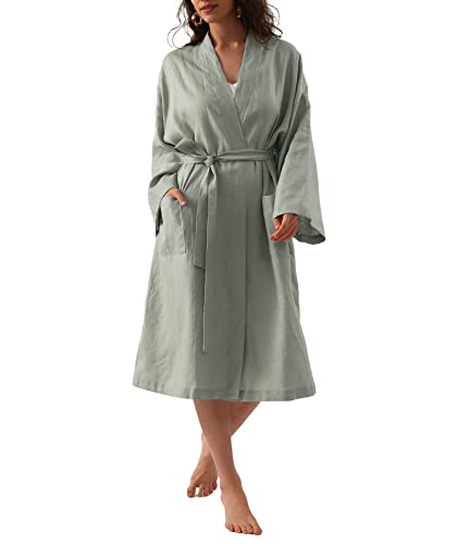 Image of Amazhiyu Womens Pure Linen Mid Length Kimono Robes Lightweight Long Sleeve Bathrobe