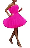 Ruffle Short Tulle Mini Homecoming Dress for Junior Cocktail Party Formal Gown with Bow Fuchsia XS