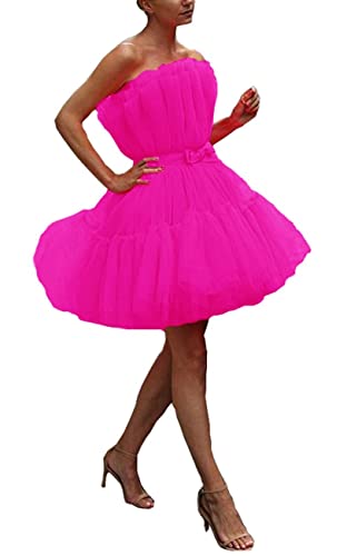 Ruffle Short Tulle Mini Homecoming Dress for Junior Cocktail Party Formal Gown with Bow Fuchsia XS