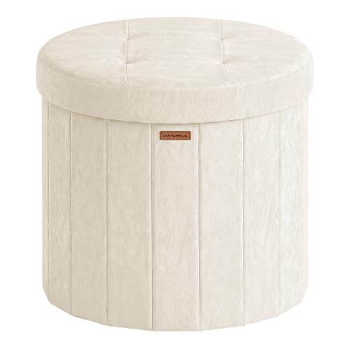 Image of SONGMICS Mazie Collection - Round Storage Ottoman, Folding Footrest Stool with Removable Lid, Easy Assembly, PU Leather Vanity Stool for Bedroom, Living Room, Entryway, Cream White ULSF609WD01