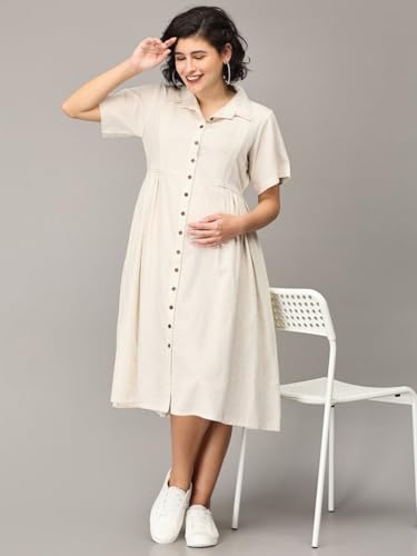 Image of The Mom Store Maternity & Nursing Midi Dress for Women | Pregnancy & Postpartum Wear | Cotton Flex Dress for New Mom | Trendy Stylish Comfortable Feeding Dress for Womens | Causal Office Formal Wear