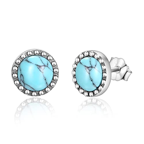 Turquoise Stud Earrings,S925 Sterling Silver Round/Oval Vintage Braids Circle Turquoise Earrings,Blue Gemstone Bohemian Ethnic Tribal Jewelry for Women Graduation