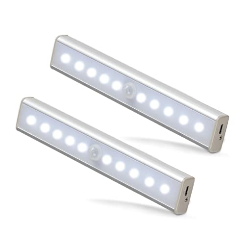 Lampe LED Placard 10 LED, Rechargeable USB Sans Fil LED Lampe de Placard à Détecteur de Mouvement, 3 Modes d’Éclairage, Aimanté, Veilleuse pour Placard, Armoire, Escalier - Blanc froid (2 Pack) Cover