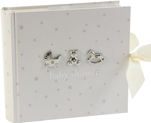Álbum de fotos Bambino para chá de bebé, design em branco com estrelas prateadas e ícones, 15,25 x 10 cm