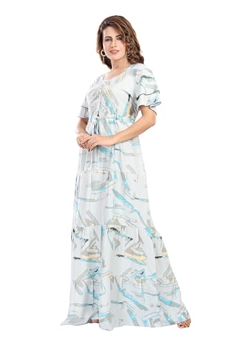 Image of NIGHT SHADES | Alpine Frock Style Designer Nighty |Women's Abstract Print Maxi Dress | Ruffle Sleeve |Cotton Blend| Women Nighty | Nighty for Women | Gown |