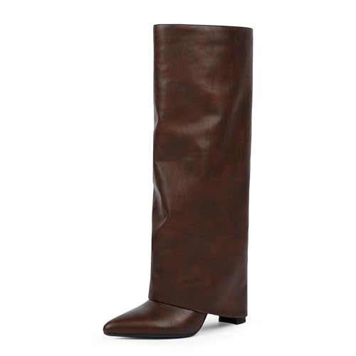 Image of Knee High Boots Women Fold Over Boots Chunky Heel Pointed Toe Tall Boots | Fashion Slouchy Boots,Side Zipper Shark Boots,Fall Spring Winter Fashion Dress Tall Boots,Evening Bridal office Long Boots