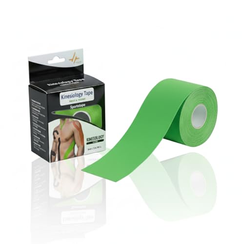 Image of PulseITSportsTape Kinesiology Tape- Waterproof & Sweatproof Sports Tape for Muscle Support, Pain Relief & Injury Recovery | Athletic Physio Tape for Knee, Shoulder, Ankle. 5cm x 5m (Plain, Green)