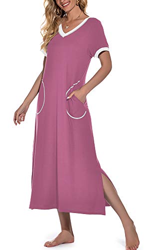 PrinStory Womens Long Nightgown Short Sleeve Nightshirt V-Neck Soft Loungewear Casual Sleepwear With Pockets Purple Red-Large