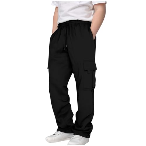 Boys Cargo Sweatpants Teens Kids Solid Color Drawstring Elastic Waist Casual Joggers Hiking Pants with Multi Pockets