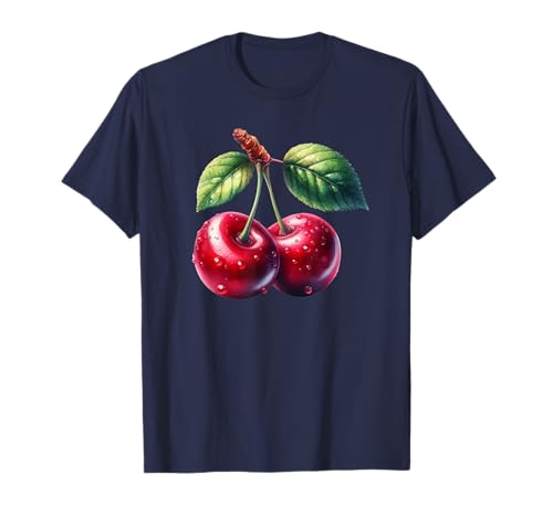 Zwei rote süß Kirschen mit einem Blatt und Tropfen Kirschen T-Shirt