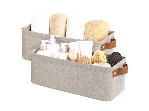 StorageWorks Narrow Storage Bins, Small Basket for Closet and Shelves, Fabric Organizer with Handles, Toilet Paper Storage, Brown and Beige, 2-Pack