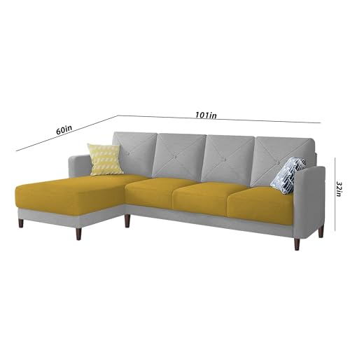 Image of Baloney LHS 6 Seater L Shape Sofa Set for Living Room (Yellow Grey Fabric) Premium Fabric Sofa