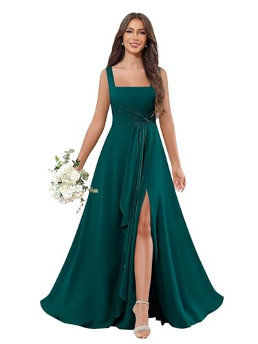 Bridesmaid Dresses for Women with Slit Chiffon Ruffles Square Neck A-Line Formal Evening Dresses with Pockets