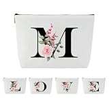 Blisswave Pochette Personalizzata dalla A alla Z, Regali per Donna, Mamme e Amica, Regali di Natale e Compleanno, Elegante e Carina Beauty Case da Viaggio con Iniziale Nome Floreale Rosa (Bianco)