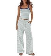 Panadila Womens Two Piece Sets Summer Striped Lounge Set Spaghetti Strap Tank Top Drawstring Pant...