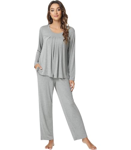 NACHILA Pajamas for Women-Viscose Made from Bamboo,Long Sleeve Pajama Sets Comfy Loungewear Pleated Pjs