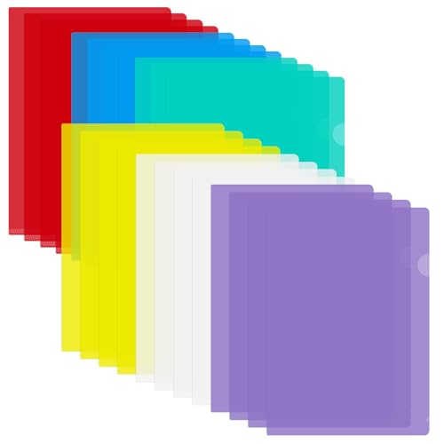 24 Pièces Pochettes Plastique Transparentes A4,Pochette Coin Couleur Porte-Documents en Plastique,6 Couleurs Chemise plastique Transparente,pour Dossiers, Bureau, École, Travail, Rapport, Présentation