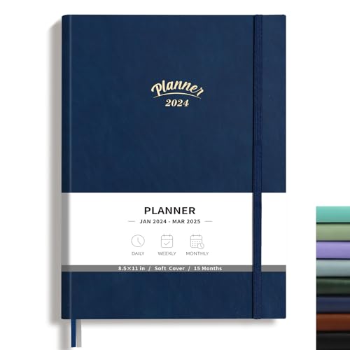 RETTACY 2024 Planner - 2024 Planner Weekly and Monthly, 8.5" × 11", Planner 2024-2025, Jan 2024 - Mar 2025, 100 GSM Premium Paper, Leather Softcover, Christmas Gifts (Navy Blue)