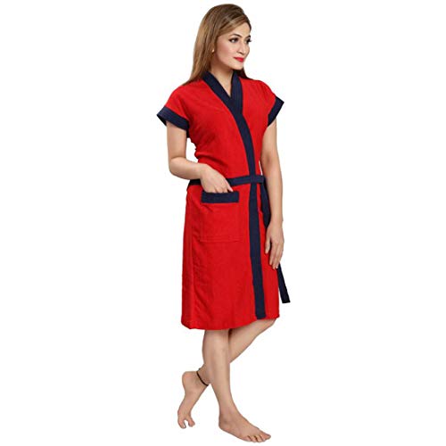 Image of bathrobes terry cotton free size bathrobe for women, bathsuit fit up to 42 inches chest size ladies - Navy Strips Red bathrobe