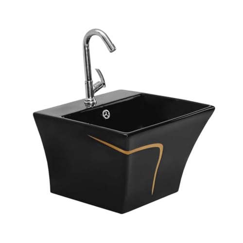 Image of Wall Mounted Wash Basin for Bathroom | Wall Hung Wash Basin /Sink (15.74 x 15.15 x 11.02 Inch, PROTON ROYAL BLACK (GLOSSY))
