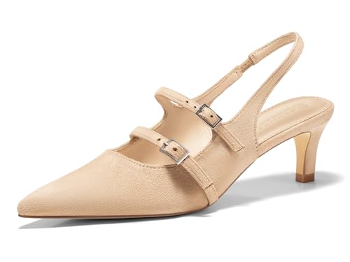 Image of Coutgo Womens Slingback Kitten Heels Mary Jane Pumps Closed Pointed Toe Buckle Strap Wedding Dress Shoes
