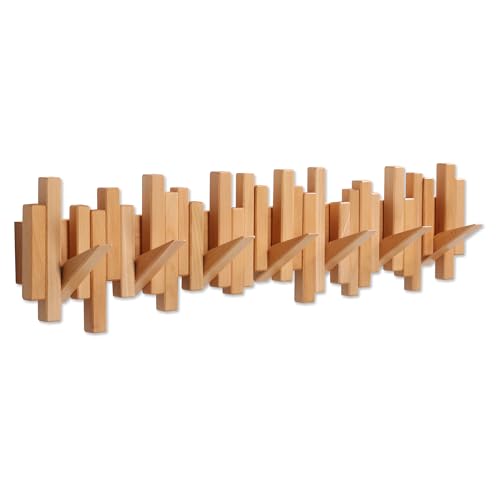 Coat Rack Wall Mount Piano Flip Down Wall Hook Rack 7 Hooks Beech | Natural Wood Handmade Unique Hanger for Coats Bag Hat Umbrella key Wall Art In the foyer living room bedroom bathroom office
