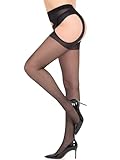 MANZI Suspender Tights for Women Sheer Garter Pantyhose Faux Lingerie Thigh High Stockings Black Medium-Large
