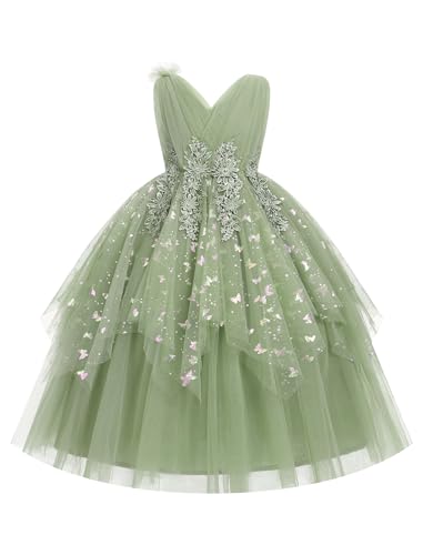 IDOPIP Flower Girl Sequin Butterfly Dress for Kids Wedding Bridesmaid Pageant Party Formal Long Lace Maxi Gown Big Princess Birthday Communion Prom Handkerchief Puffy Tulle Dresses Green 9-10 Years