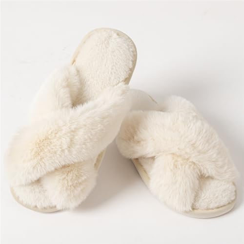 Image of Women's Cross Band Fuzzy Slippers Fluffy Open Toe House Slippers