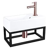 Differnz Force Waschbecken mit Handtuchhalter - Waschtisch Keramik Weiß - Wasserhahn gerade Rot Kupfer - Komplett-Set - 40 x 22 x 11,5 cm
