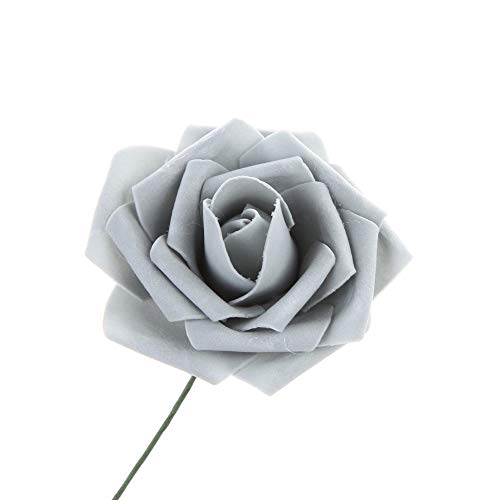 Yueshop 50 PCS Artificial Flowers Foam Roses Real Looking Artificial Foam Roses DIY for Wedding Bouquets Anniversary Party Baby Shower Home Decor (Grey, With Steam)