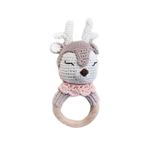 Natural Crochet Teether Toy Rattle for Baby Forest Friends Amigurumi Crochet Bunny Deer Fox on Natural Wooden Teething Ring Rattle and Beaded Pacifier Clip (Honey Deer)