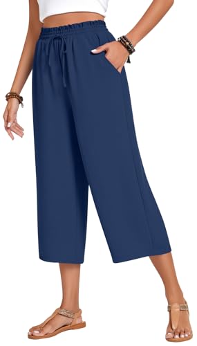 Image of Anyhold Women's Capri Pants Drawstring Casual Palazzo Trousers with Pockets Loose High Waisted Wide Leg Lounge Pants
