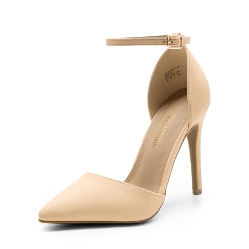 DREAM PAIRS Women's Oppointed-Lacey Pointed Toe Ankle Strap High Heel Stiletto Pumps Wedding Dress Shoes 5.5 Nude/Nubuck