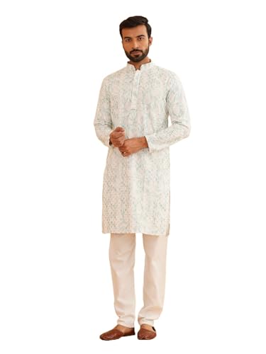 Image of SOJANYA (Since 1958 Men's Cotton Gold Sequinned Kurta with White churidaar Pyjama