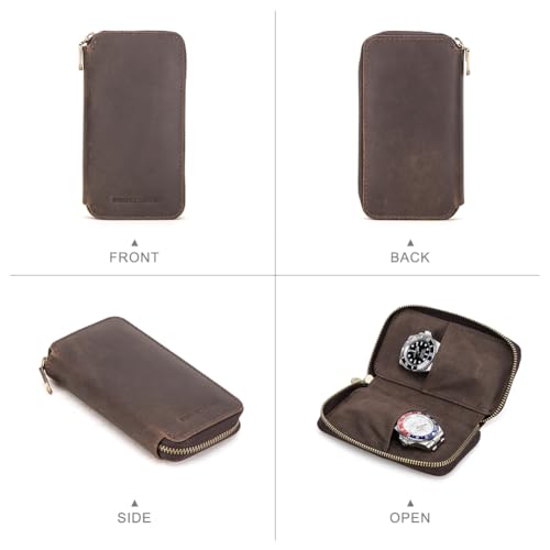 Image of CONTACT'S FAMILY Watch Box Travel Watch Case Genuine Leather for 2 Watches Travel Watch Case Zipper Watch Pouch Vintage Watch Storage Box For Men (Coffee)