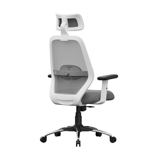 Image of Vertex High-Back Ergonomic Office Mesh Chair 3-Years Warranty by beAAtho- 2D Adjustable Headrest, Armrest & Lumbar Support, Heavy-Duty Metal Chrome Wheelbase-(DIY-Do It Yourself) White-Grey
