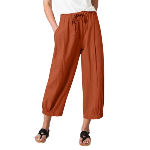 TBA Women's Casual Pants Summer Wide Leg Capris Drawstring Elastic High Waist Cotton Cropped Trousers with Pockets