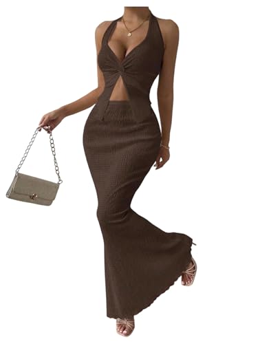 Image of SOLY HUX Women's Two Piece Outfits Twist Front Halter Cami Tops and Skirt Summer Set