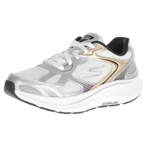 Skechers Tenis Go Run Consistent 2.0 Volt para Mujer, Piel Blanca y Ribete Plateado, 37.5 EU