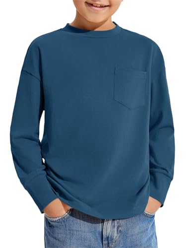 Haloumoning Boys Long Sleeve Shirts Kids Fashion Crewneck Side Slit Tops Tees with Pocket 5-14 Years