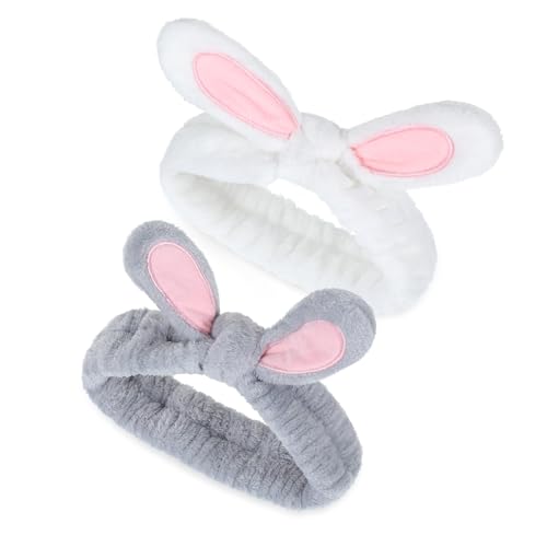 JIEYAO Paquete de 2 diademas de orejas de conejo para maquillaje, lindas diademas elásticas para la cabeza de conejo, orejas de conejo, vendas de spa para lavar la cara