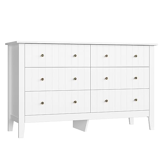 FOREHILL Cómoda Dormitorio Grande, Cajonera con 6 Cajones, Cómodas y Cajoneras, Mueble Almacenaje Madera, Mueble Recibidor, Aparador Salón, Moderno, Blanco, 133x45x79.5cm