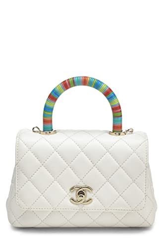 Chanel, Pre-Loved White Quilted Lambskin Rainbow Coco Handle Bag Mini, White