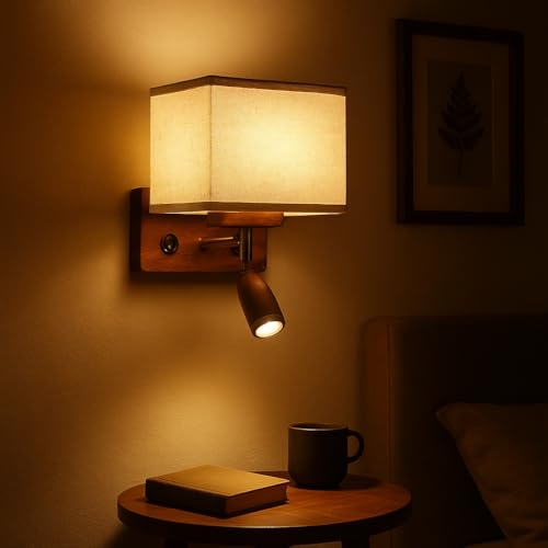 Image of Greenhouse Fully Handmade Sheesham Wood Wall Light Lamp | Khadi Fabric Shade with E27 Bulb Holder (Bulb Included) | Focus Light - 3W Warm White LED | Bedroom, Living Room, Hall, Office, Hotels