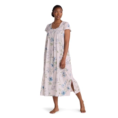 Image of Miss Elaine Silkyknit Long Nightgown, Round Neckline, Short Sleeves, Lace Details, Women's Sleepwear & Loungewear