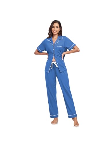 Image of CF Womens 100% Cotton Pajamas Set Button Down Pjs Sets Short Sleeve Top & Long Pants Sleepwear Comfy Loungewear with Pockets