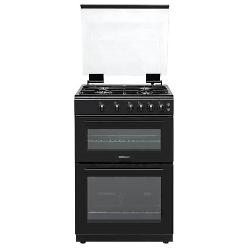 Statesman GDL60B Double Oven Gas Cooker with Glass Lid & Closed Door Grilling, 4 Gas Burners, 60cm Wide, Black