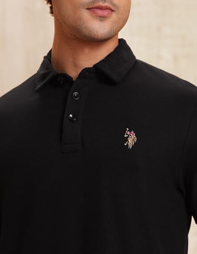 Image of U.S. Polo Assn. Denim Co. Black Textured Cotton Regular Fit Men's Polo Shirt