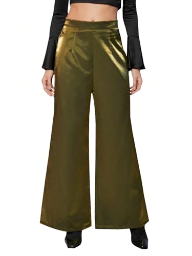 Women's High Waisted Wide Leg Satin Pants Elegant Zip Back Casual Long Trousers